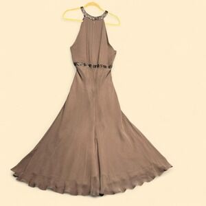 Jones New York Dress Womens 14 Brown Silk Halter Beaded Maxi Slip Dress Formal